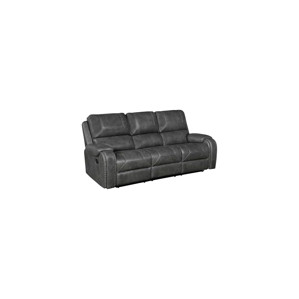 Lexicon Modern Double Recliner Sofa, Faux Leather Reclining Sofa with Nailhead, Center Drop-Down Cup Holders, Receptacles, USB Ports, Manual Recliner Couch Sofa for Living Room/Office/Apartment, Grey