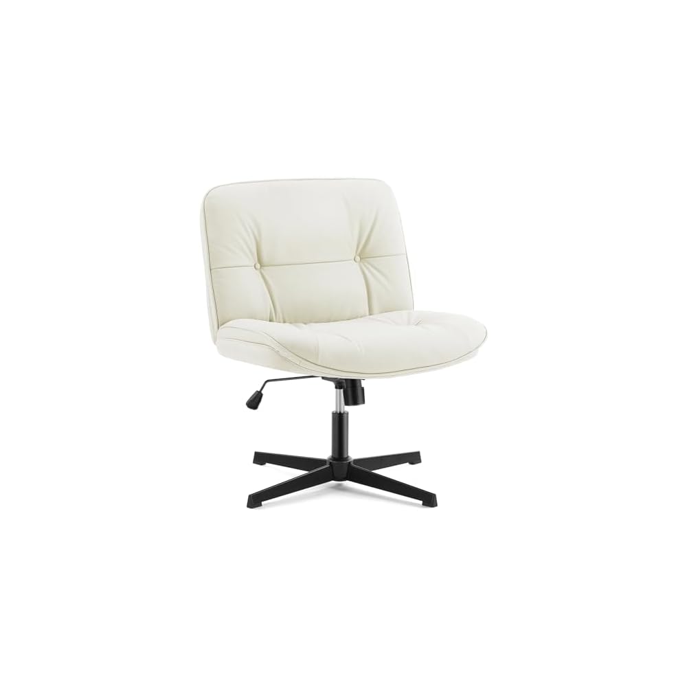 PU Leather Cross Legged Office Chair Armless Desk Chair with Dual-Purpose Base Adjustable Swivel Fabric Task Vanity Home (Beige)