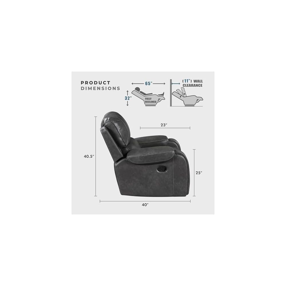 Lexicon Modern Double Recliner Sofa, Faux Leather Reclining Sofa with Nailhead, Center Drop-Down Cup Holders, Receptacles, USB Ports, Manual Recliner Couch Sofa for Living Room/Office/Apartment, Grey