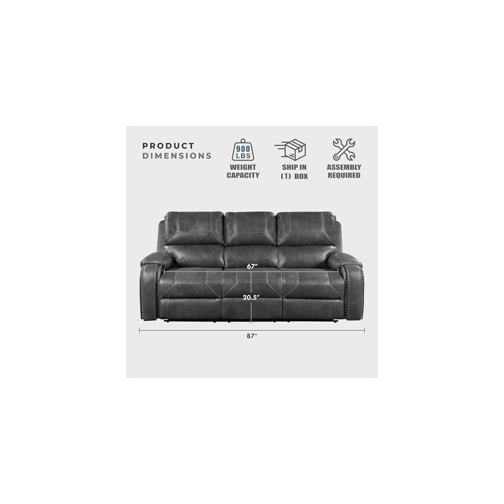 Lexicon Modern Double Recliner Sofa, Faux Leather Reclining Sofa with Nailhead, Center Drop-Down Cup Holders, Receptacles, USB Ports, Manual Recliner Couch Sofa for Living Room/Office/Apartment, Grey