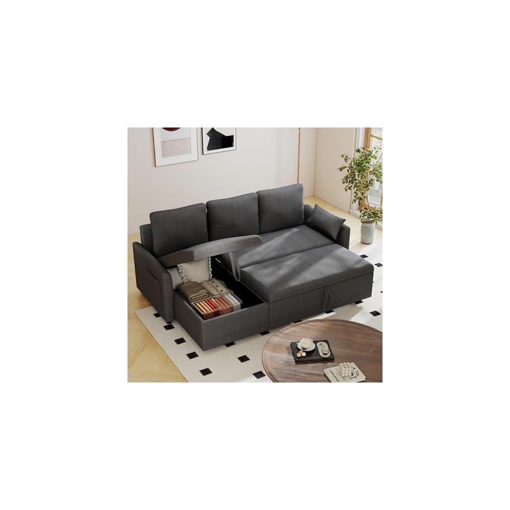 Grey L Shaped Sleeper Sofa Bed with Storage, 81" Convertible Sofa