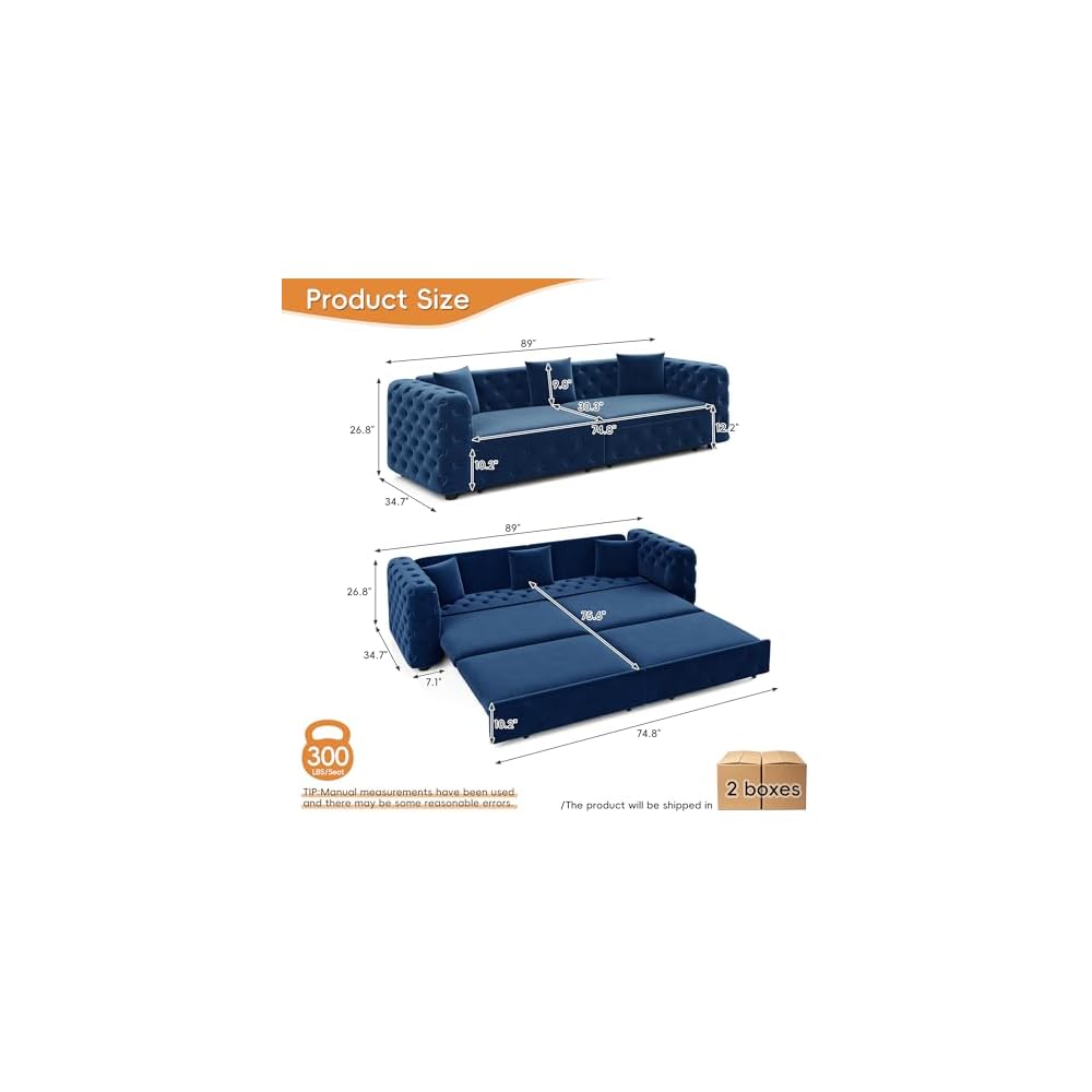 KEIKI 89" Velvet Chesterfield Pull-Out Sleeper Sofa Bed with 3 Throw Pillows, Classic Style 3-in-1 Convertible 4-Seater Tufted Couch with Pull-Out Bed, Easy Assembly, for Living Room, Bedroom, Blue