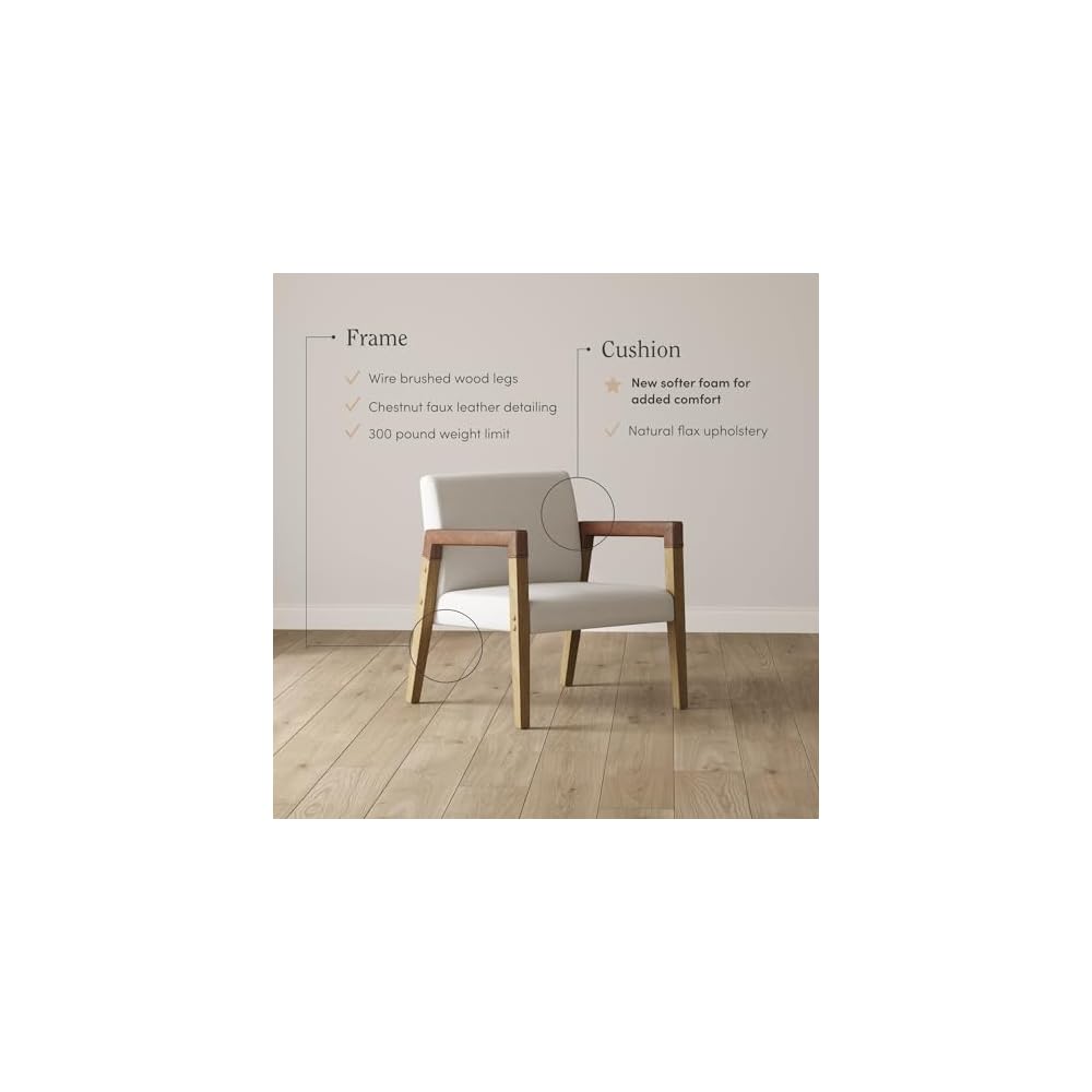 Nathan James Hudson Accent Living Room Chair, Comfy Reading Bedroom Chair, Mid-Century Wood Armchair, Upholstered Fabric and Leather Armrest, Set of 2