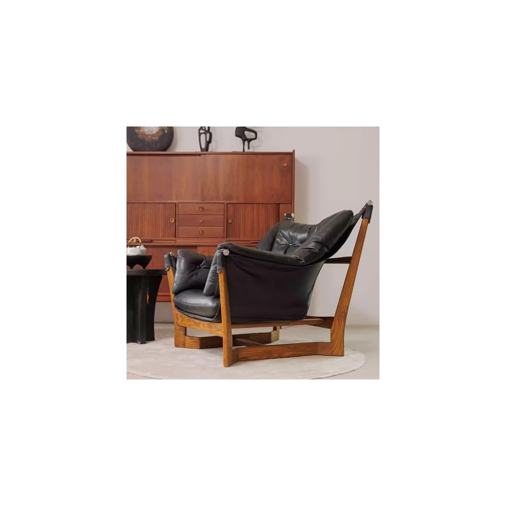 Vintage Leather Lounge Armchair, Solid Wood Frame Tufted Club Chair, Luxury Cigar Chair for Living Room, Tea Room & Bar Seating (Black)