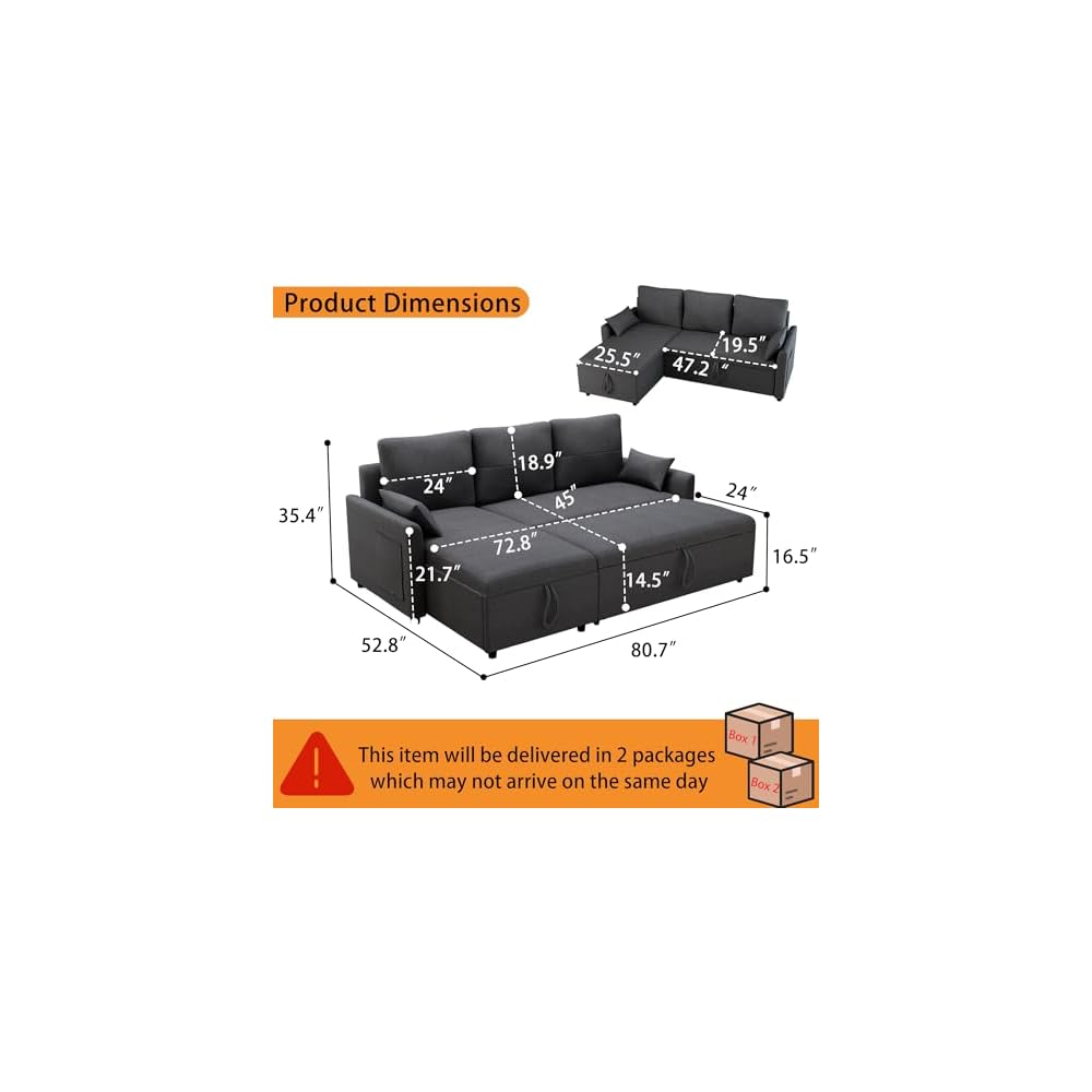 Grey L Shaped Sleeper Sofa Bed with Storage, 81" Convertible Sofa