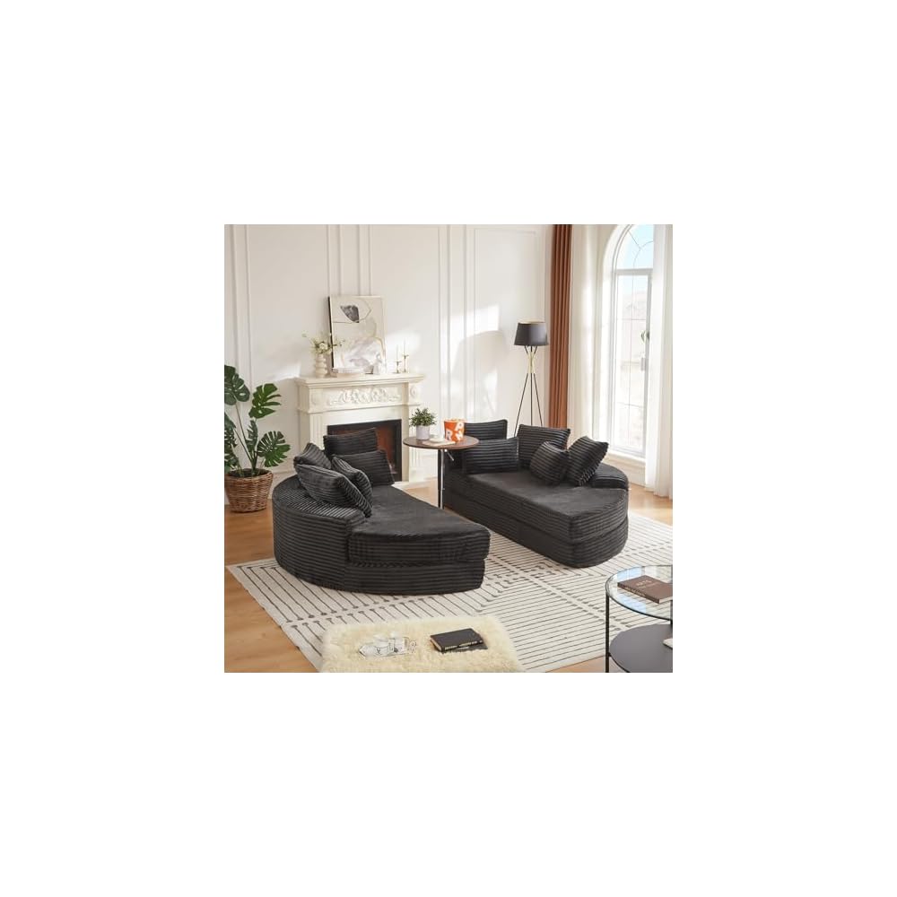 78.5" Oversized Round Sofa Chaise Daybed Plush Corduroy Boneless Cloud Couch Recliner Sleeper Sofabed with 10 Pillows & Headrests, Compressed Loveseat Foam Chaise