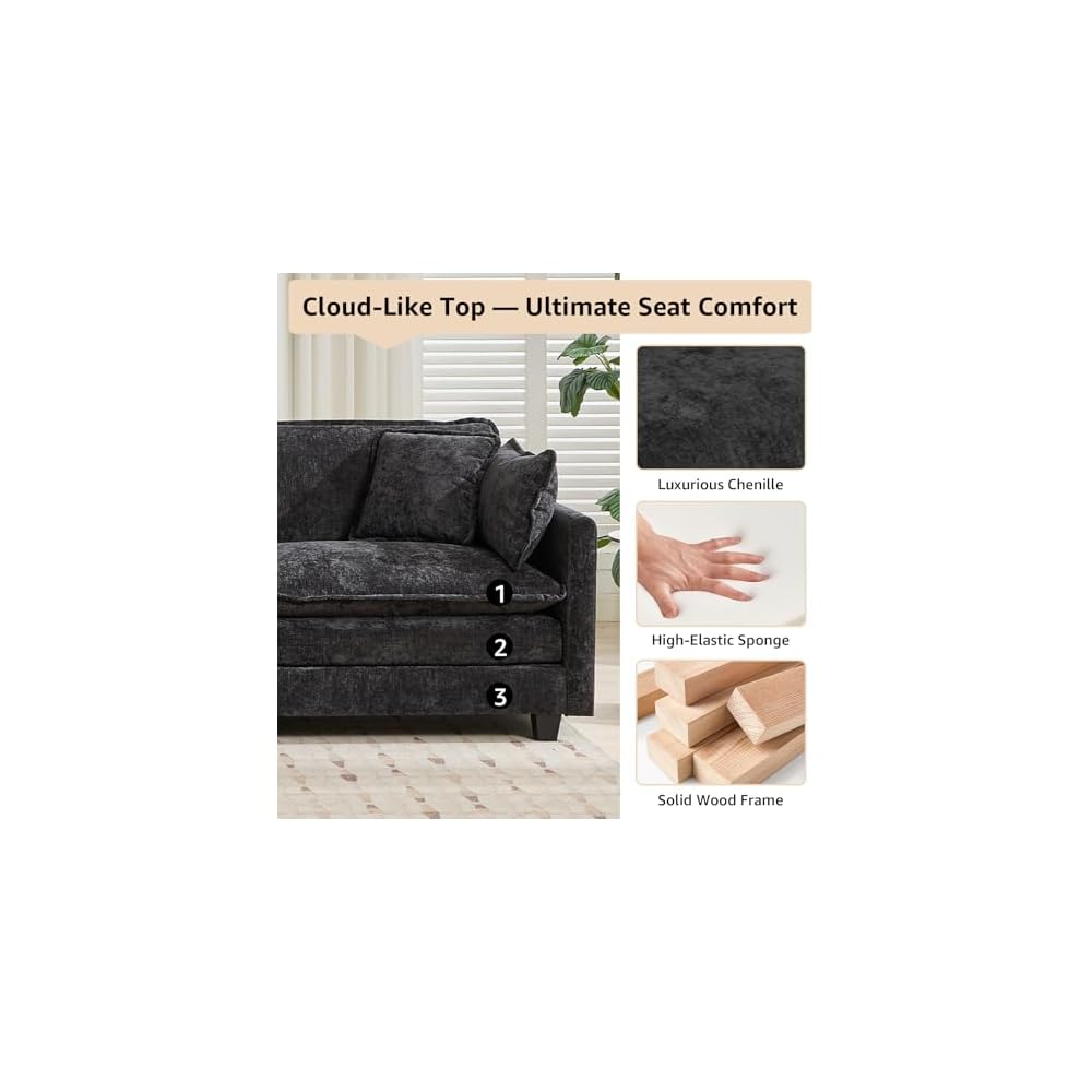 76.7" Black Modern Large Sectional Couches for Living Room, Chenille Loveseat Modular Sectional Sofa, Oversized 2 Seater Cloud Love Seat Couches for Apartment, Deep Seat Sofas Set, Sofa para Sala