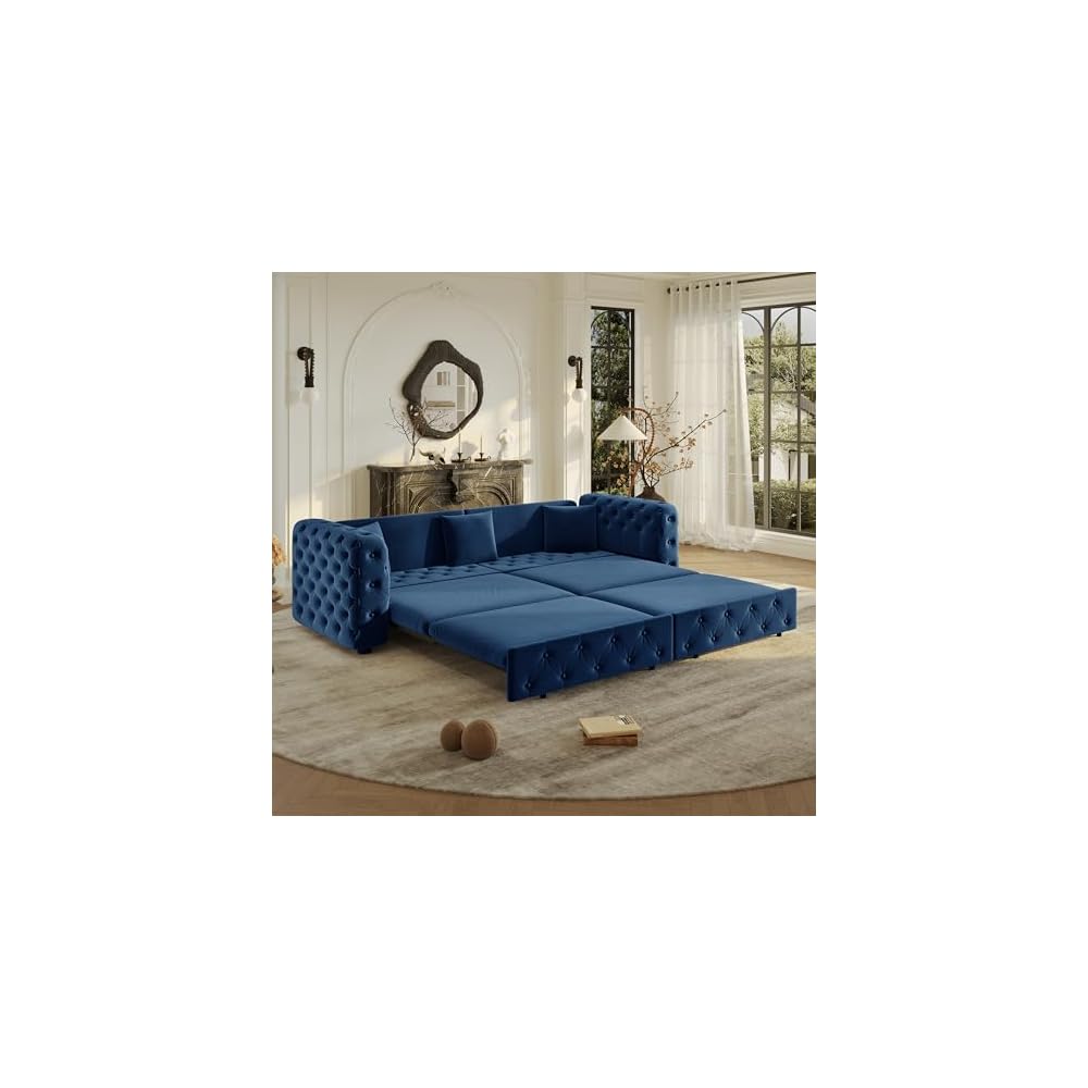 KEIKI 89" Velvet Chesterfield Pull-Out Sleeper Sofa Bed with 3 Throw Pillows, Classic Style 3-in-1 Convertible 4-Seater Tufted Couch with Pull-Out Bed, Easy Assembly, for Living Room, Bedroom, Blue