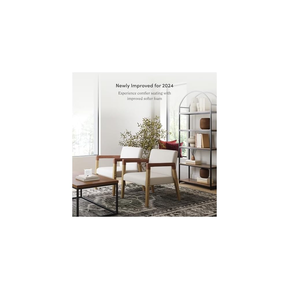 Nathan James Hudson Accent Living Room Chair, Comfy Reading Bedroom Chair, Mid-Century Wood Armchair, Upholstered Fabric and Leather Armrest, Set of 2