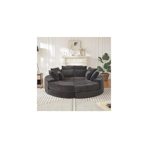 78.5" Oversized Round Sofa Chaise Daybed Plush Corduroy Boneless Cloud Couch Recliner Sleeper Sofabed with 10 Pillows & Headrests, Compressed Loveseat Foam Chaise