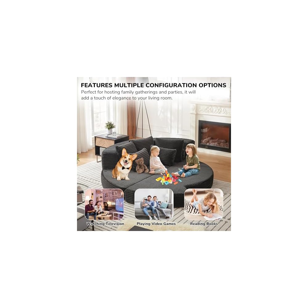 78.5" Oversized Round Sofa Chaise Daybed Plush Corduroy Boneless Cloud Couch Recliner Sleeper Sofabed with 10 Pillows & Headrests, Compressed Loveseat Foam Chaise