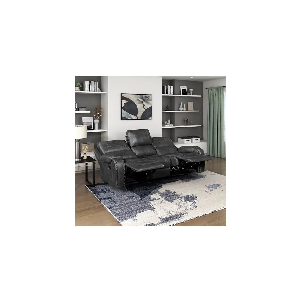 Lexicon Modern Double Recliner Sofa, Faux Leather Reclining Sofa with Nailhead, Center Drop-Down Cup Holders, Receptacles, USB Ports, Manual Recliner Couch Sofa for Living Room/Office/Apartment, Grey