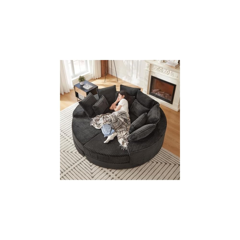 78.5" Oversized Round Sofa Chaise Daybed Plush Corduroy Boneless Cloud Couch Recliner Sleeper Sofabed with 10 Pillows & Headrests, Compressed Loveseat Foam Chaise
