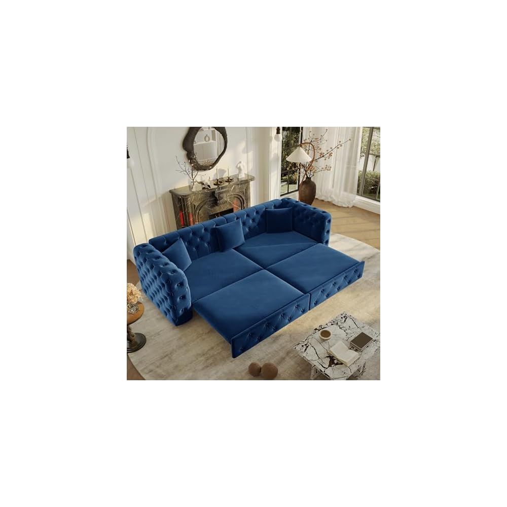 KEIKI 89" Velvet Chesterfield Pull-Out Sleeper Sofa Bed with 3 Throw Pillows, Classic Style 3-in-1 Convertible 4-Seater Tufted Couch with Pull-Out Bed, Easy Assembly, for Living Room, Bedroom, Blue