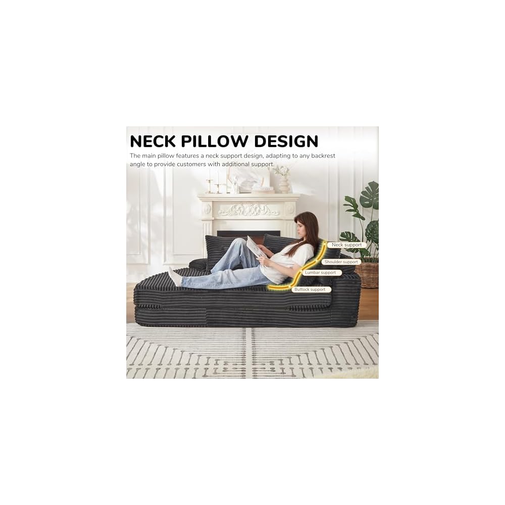 78.5" Oversized Round Sofa Chaise Daybed Plush Corduroy Boneless Cloud Couch Recliner Sleeper Sofabed with 10 Pillows & Headrests, Compressed Loveseat Foam Chaise