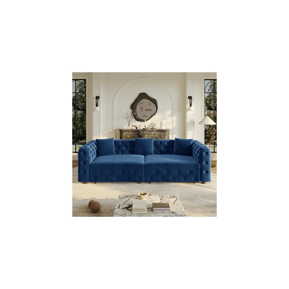 KEIKI 89" Velvet Chesterfield Pull-Out Sleeper Sofa Bed with 3 Throw Pillows, Classic Style 3-in-1 Convertible 4-Seater Tufted Couch with Pull-Out Bed, Easy Assembly, for Living Room, Bedroom, Blue