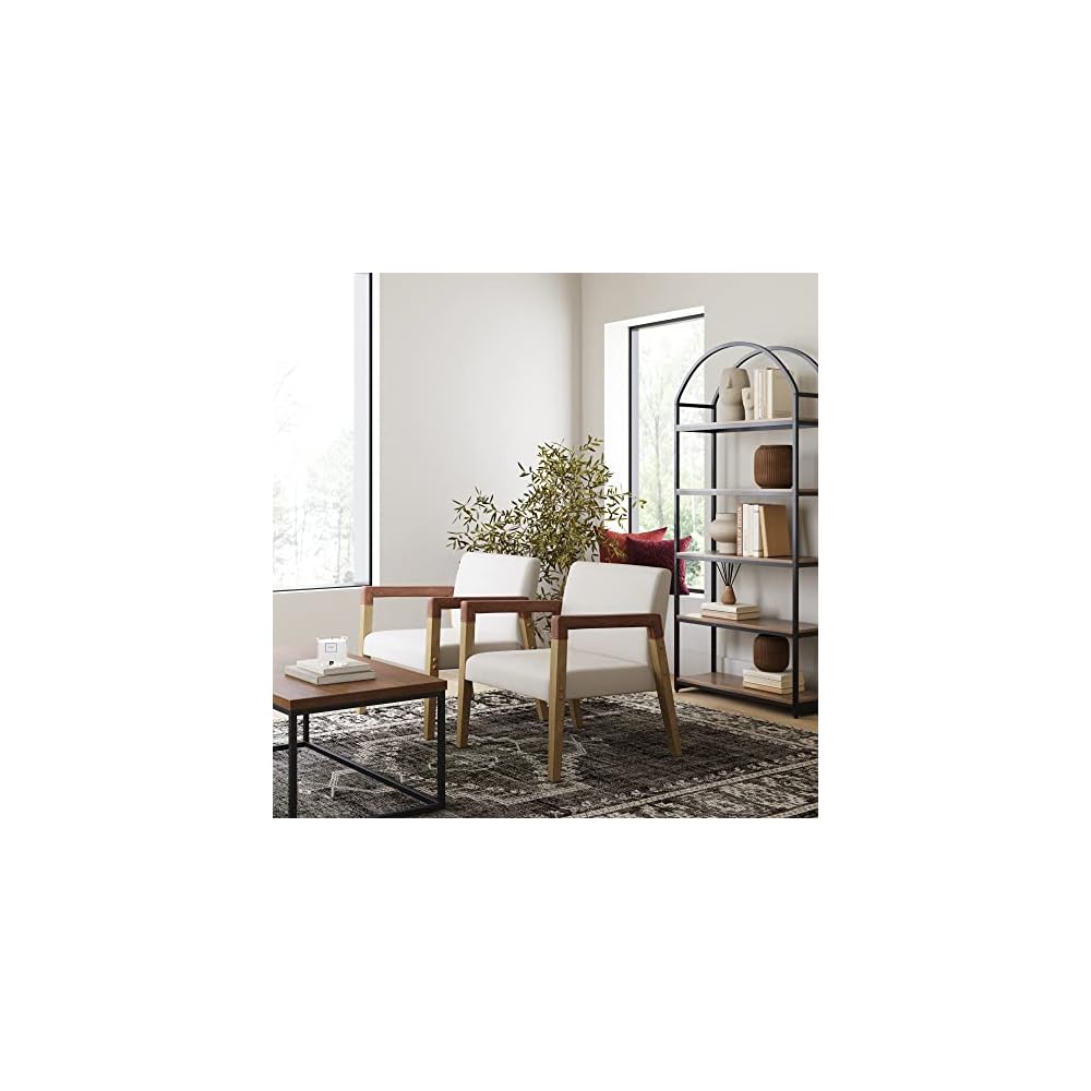 Nathan James Hudson Accent Living Room Chair, Comfy Reading Bedroom Chair, Mid-Century Wood Armchair, Upholstered Fabric and Leather Armrest, Set of 2