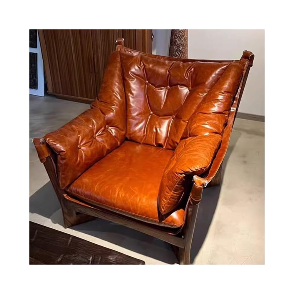 Vintage Leather Lounge Armchair, Solid Wood Frame Tufted Club Chair, Luxury Cigar Chair for Living Room, Tea Room & Bar Seating (Black)