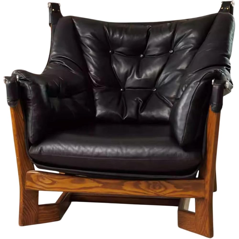 Vintage Leather Lounge Armchair, Solid Wood Frame Tufted Club Chair, Luxury Cigar Chair for Living Room, Tea Room & Bar Seating (Black)