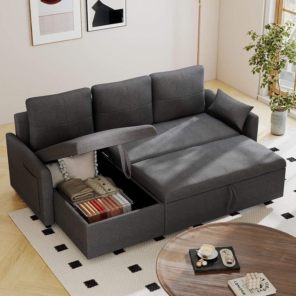 Grey L Shaped Sleeper Sofa Bed with Storage, 81" Convertible Sofa