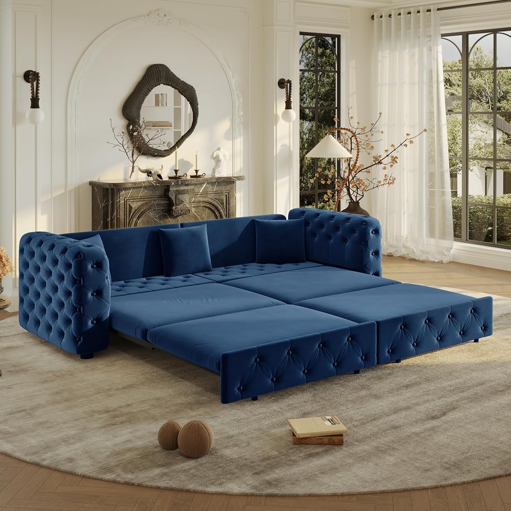 KEIKI 89" Velvet Chesterfield Pull-Out Sleeper Sofa Bed with 3 Throw Pillows, Classic Style 3-in-1 Convertible 4-Seater Tufted Couch with Pull-Out Bed, Easy Assembly, for Living Room, Bedroom, Blue